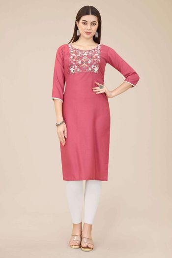 Chinon Embroidery Kurti In Pink Colour KR05419334