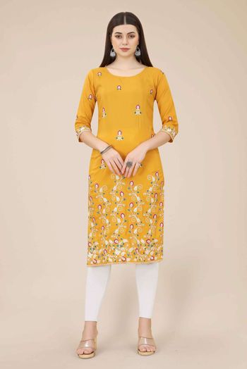 Chinon Embroidery Kurti In Yellow Colour KR05419322