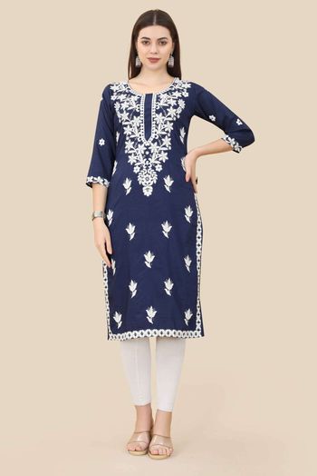 Chinon Silk Embroidery Kurti In Blue Colour KR05419303