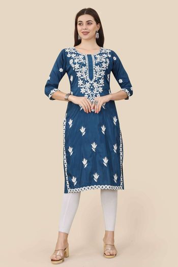 Chinon Silk Embroidery Kurti In Blue Colour KR05419306