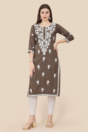 Chinon Silk Embroidery Kurti In Brown Colour KR05419304