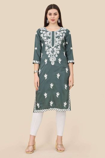 Chinon Silk Embroidery Kurti In Grey Colour KR05419305