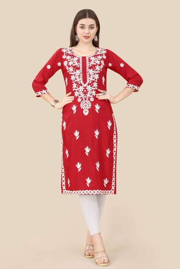 Chinon Silk Embroidery Kurti In Maroon Colour KR05419307