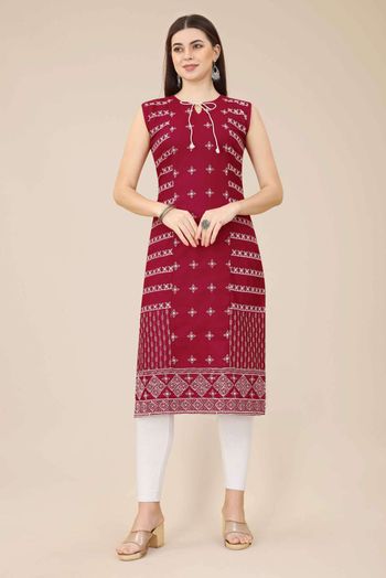 Cotton Embroidery Kurti In Maroon Colour KR05419315