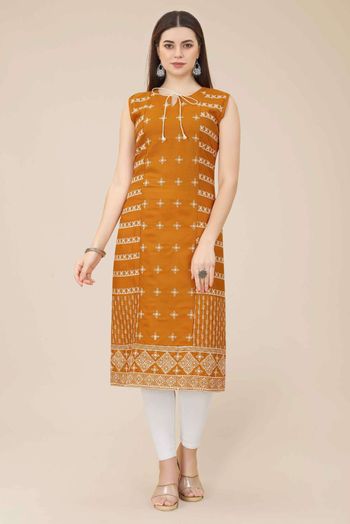 Cotton Embroidery Kurti In Mustard Colour KR05419316