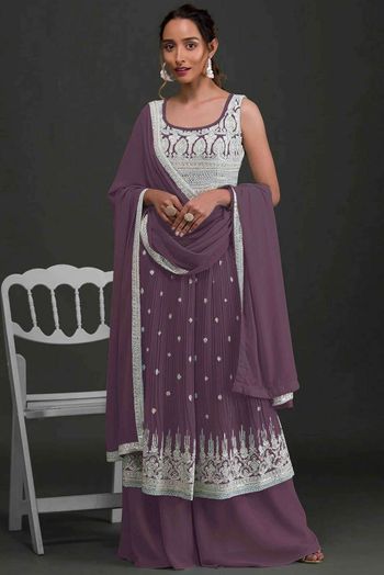 Faux Georgette Embroidery Salwar Kameez In Lavender Colour SM05644615