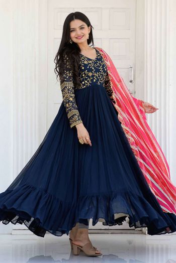 Georgette Embroidery Gown In Blue Colour GW05643450