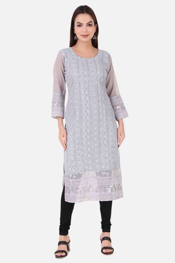 Georgette Embroidery Kurti In Grey Colour KR05419346