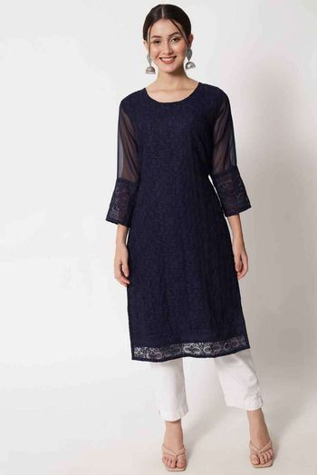 Georgette Embroidery Kurti In Navy Blue Colour KR05419360