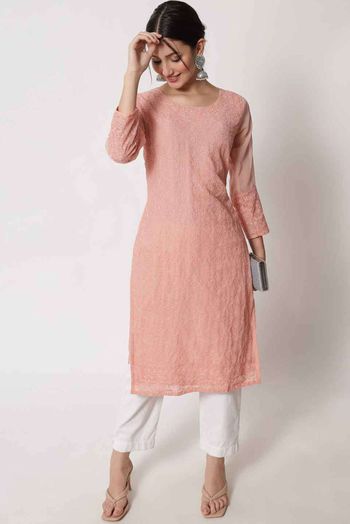 Georgette Embroidery Kurti In Peach Colour KR05419359