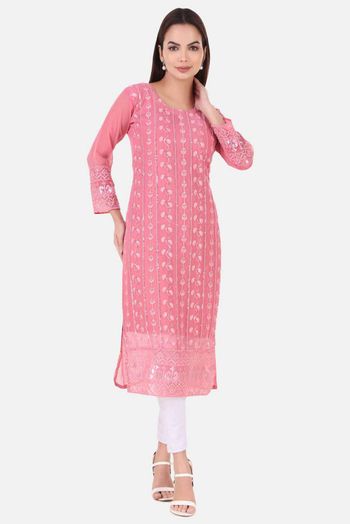 Georgette Embroidery Kurti In Pink Colour KR05419347