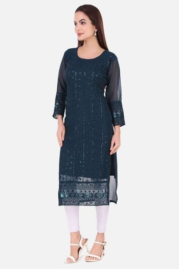 Georgette Embroidery Kurti In Teal Colour KR05419349