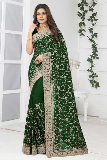 Georgette Embroidery Sarees In Green Colour SR05644045