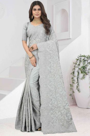 Georgette Embroidery Sarees In Grey Colour SR05644068