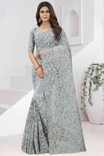 Georgette Embroidery Sarees In Grey Colour SR05644070