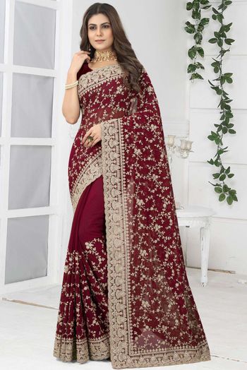 Georgette Embroidery Sarees In Marron Colour SR05644046