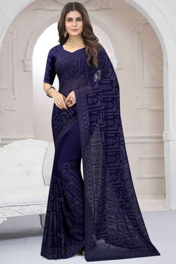 Georgette Embroidery Sarees In Navy Blue Colour SR05644065