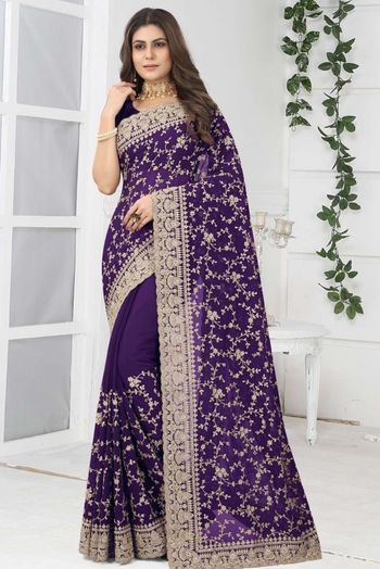 Georgette Embroidery Sarees In Purple Colour SR05644043