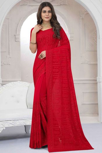 Georgette Embroidery Sarees In Red Colour SR05644063