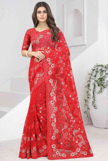 Georgette Embroidery Sarees In Red Colour SR05644069
