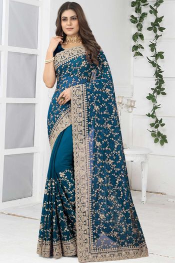 Georgette Embroidery Sarees In Teal Colour SR05644041