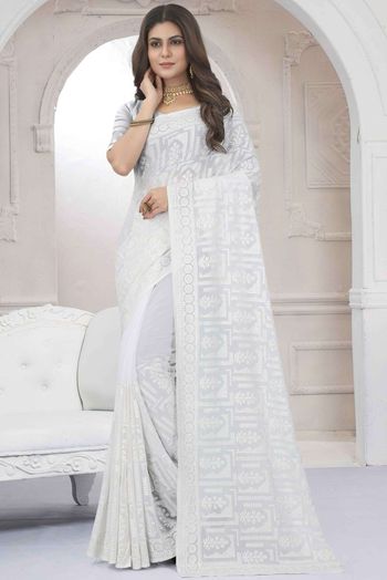 Georgette Embroidery Sarees In White Colour SR05644062
