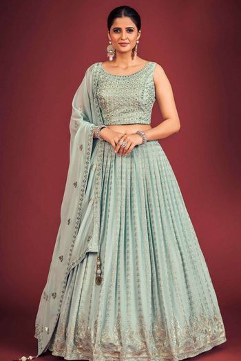 Georgette Mirror Work Lehenga Choli In Sky Blue Colour LD05644316