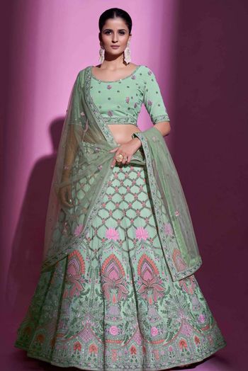 Georgette Thread Work Lehenga Choli In Green Colour LD05644287