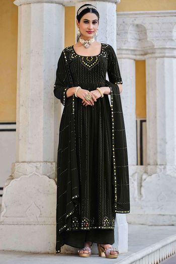 Georgette Thread Work Salwar Kameez In Black Colour SM05644568