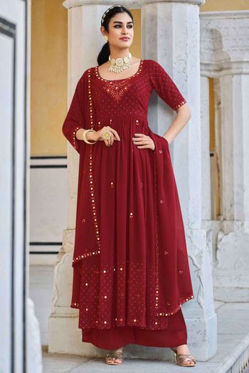 Georgette Thread Work Salwar Kameez In Red Colour SM05644566