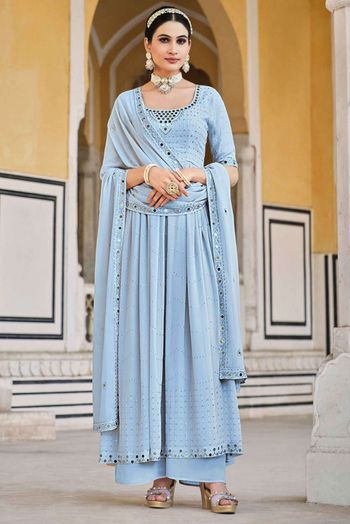 Georgette Thread Work Salwar Kameez In Sky Blue Colour SM05644567