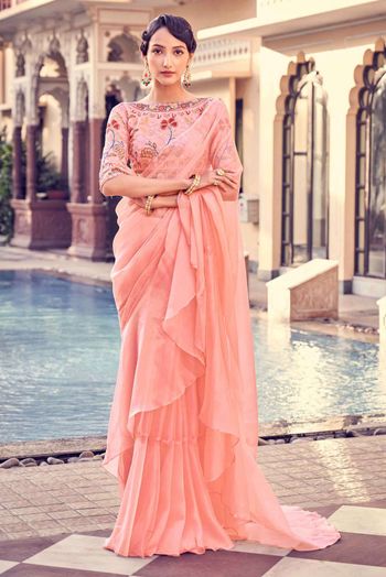 Organza Thread Work Sarees In Peach Colour SR05644371