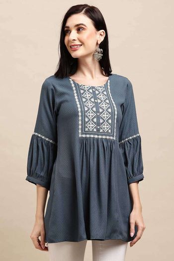 Poly Rayon Embroidered Kurti In Grey Colour KR05643432