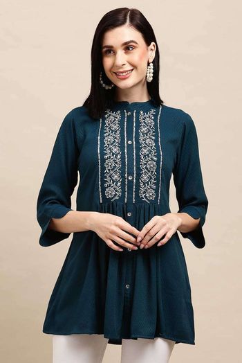 Poly Rayon Embroidered Kurti In Teal Colour KR05643433