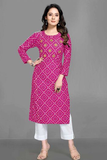 Rayon Bandhani Print Kurti In Magenta Colour KR05643443