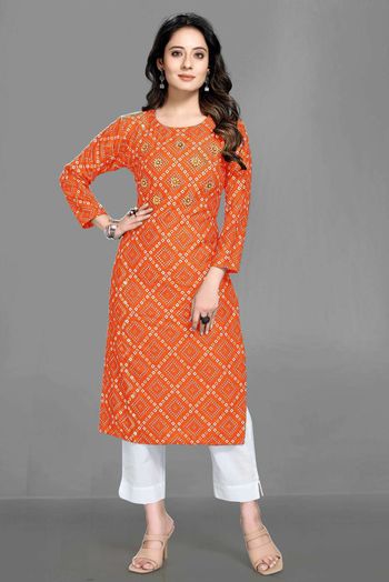 Rayon Bandhani Print Kurti In Orange Colour KR05643444