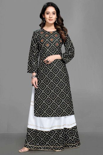 Rayon Bandhani Print Salwar Kameez In Black Colour SM05643318