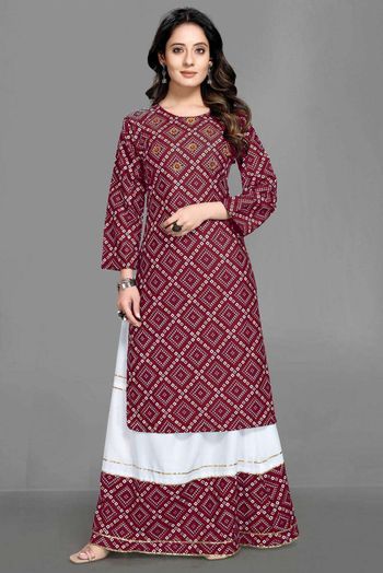 Rayon Bandhani Print Salwar Kameez In Maroon Colour SM05643319