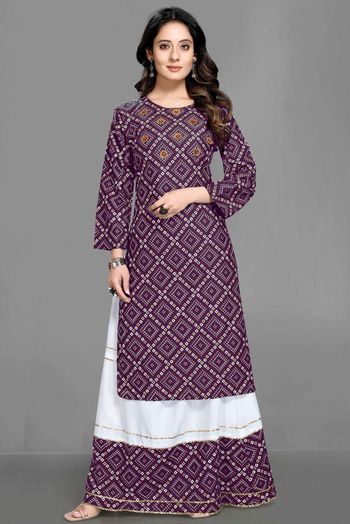Rayon Bandhani Print Salwar Kameez In Purple Colour SM05643321