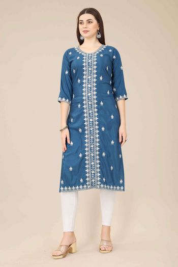 Shiny Silk Embroidery Kurti In Blue Colour KR05419302