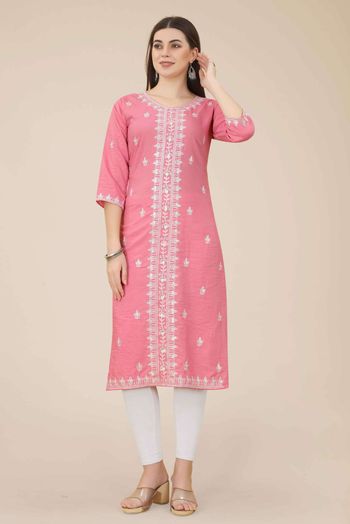 Shiny Silk Embroidery Kurti In Pink Colour KR05419301