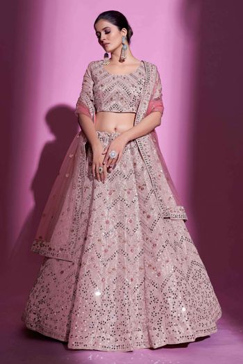 Peach Color Net And Satin Lehenga Choli