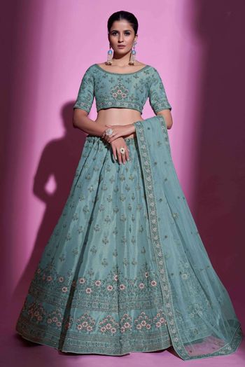 Sky Blue Floral Printed Stylish Embroidered Lehenga Choli