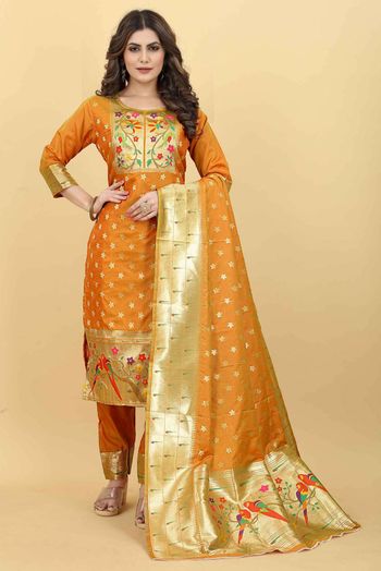 Net embroidered pant style suit in Mustard colour 3403