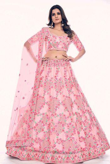 Soft Net Thread Work Lehenga Choli In Peach Colour LD05644332