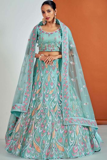 Soft Net Thread Work Lehenga Choli In Turquoise Colour LD05643394