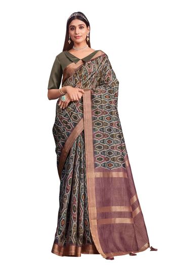 Tussar Silk Printed Sarees In Brown Colour SR05644430