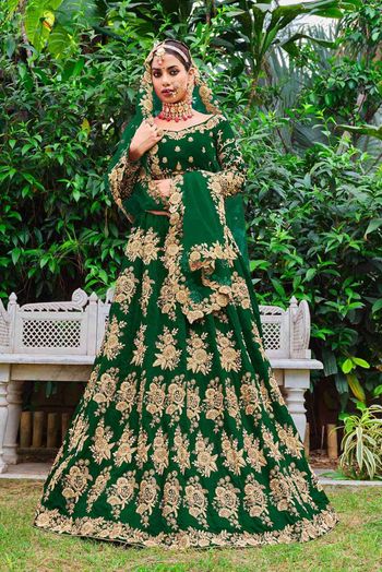 Velvet Embroidery Lehenga Choli In Green Colour LD05419830