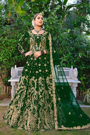 Velvet Embroidery Lehenga Choli In Green Colour LD05419833