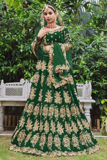 Pure Micro Velvet Bridal Lehenga In Green With Zardosi & Crystal Stone Work